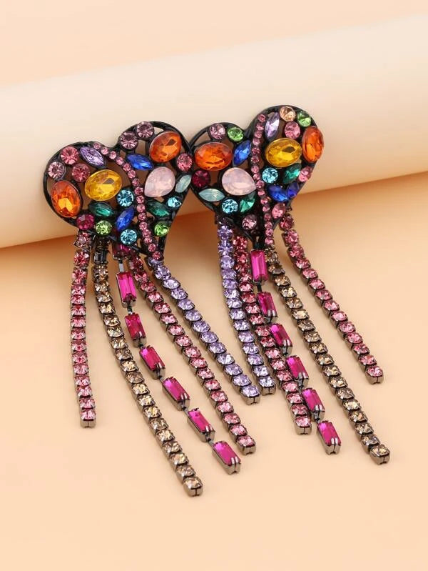 Beautiful Rhinestone Heart Tassel Drop Earrings Bling  Accessories