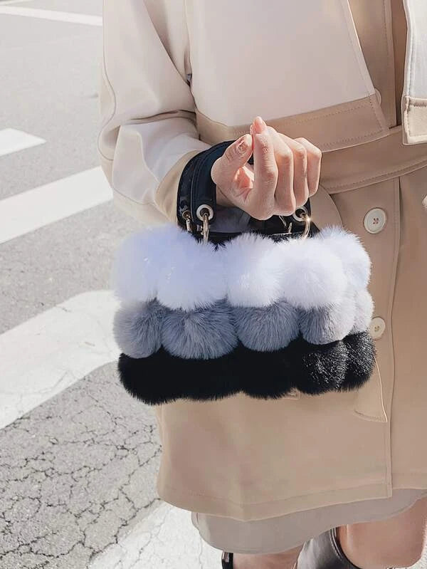 Pom Pom Fashion Fluffy Fur Ball Box Bag Handbag Purse Tote Ladies Accessories