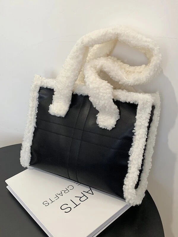 Winter Fashion Fuzzy Trim Bucket Hat and Baguette Shoulder Tote Handle Purse Set