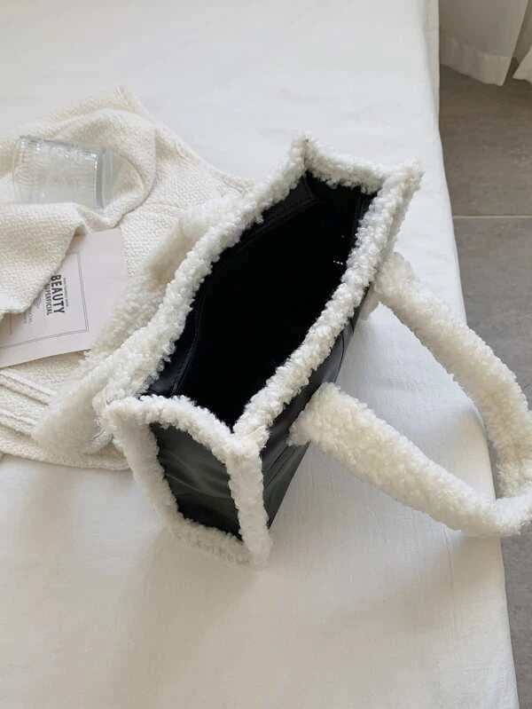 Winter Fashion Fuzzy Trim Bucket Hat and Baguette Shoulder Tote Handle Purse Set