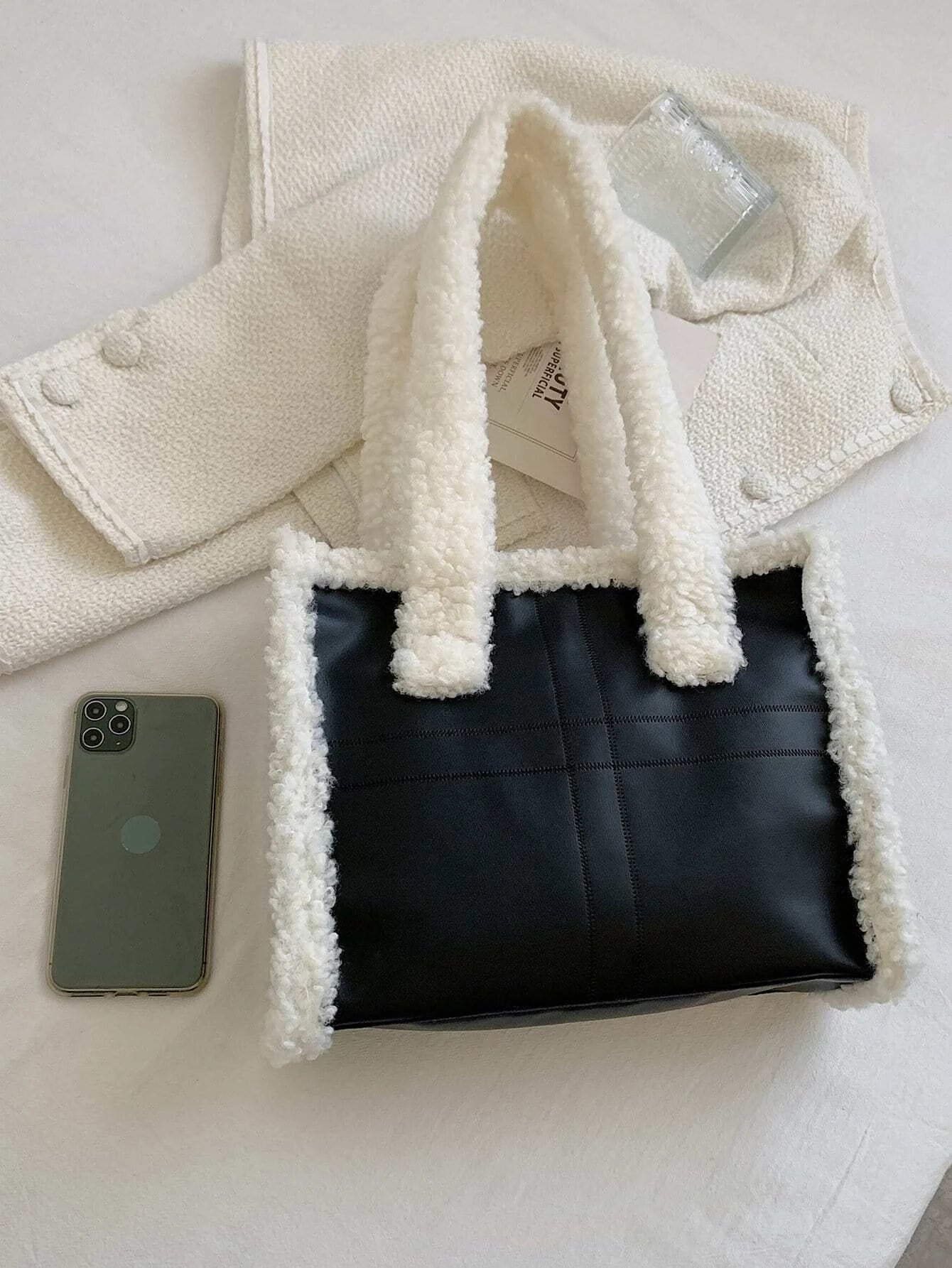 Winter Fashion Fuzzy Trim Bucket Hat and Baguette Shoulder Tote Handle Purse Set