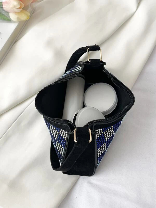 Trendy Rhinestone Denim Blue Styled Checkered Studded Fashion Baguette Bag Accessories