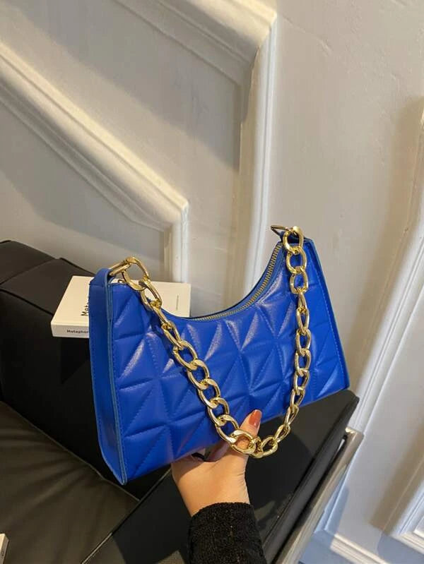 Cobalt Blue Fashion Quilted Chain Baguette Purse Bag Accessory Tote