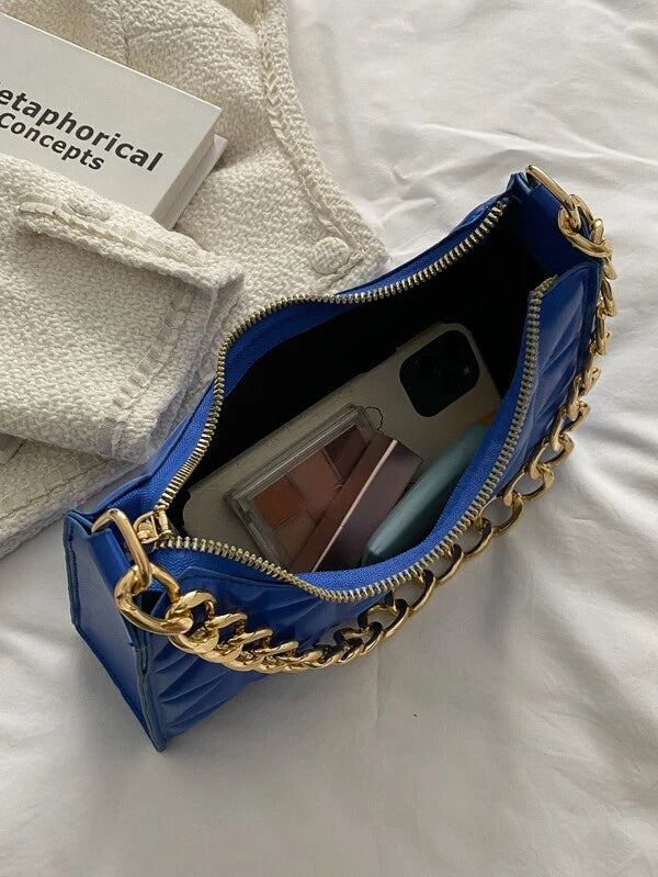 Cobalt Blue Fashion Quilted Chain Baguette Purse Bag Accessory Tote