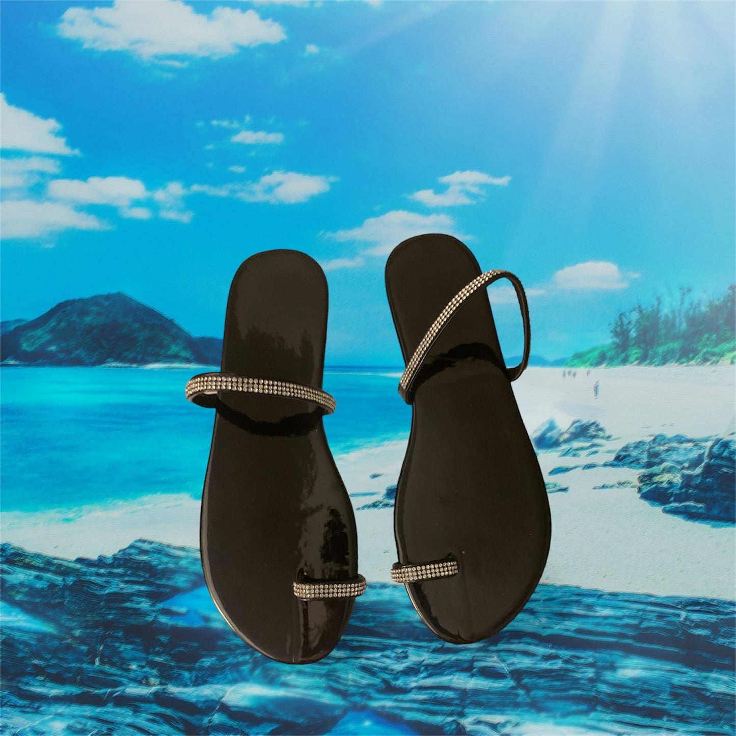 Women's Comfy Rhinestone Slide On Straps Sandals Toe Loop Flat Sandals for Glitter Girl Summer Vacation Shoes