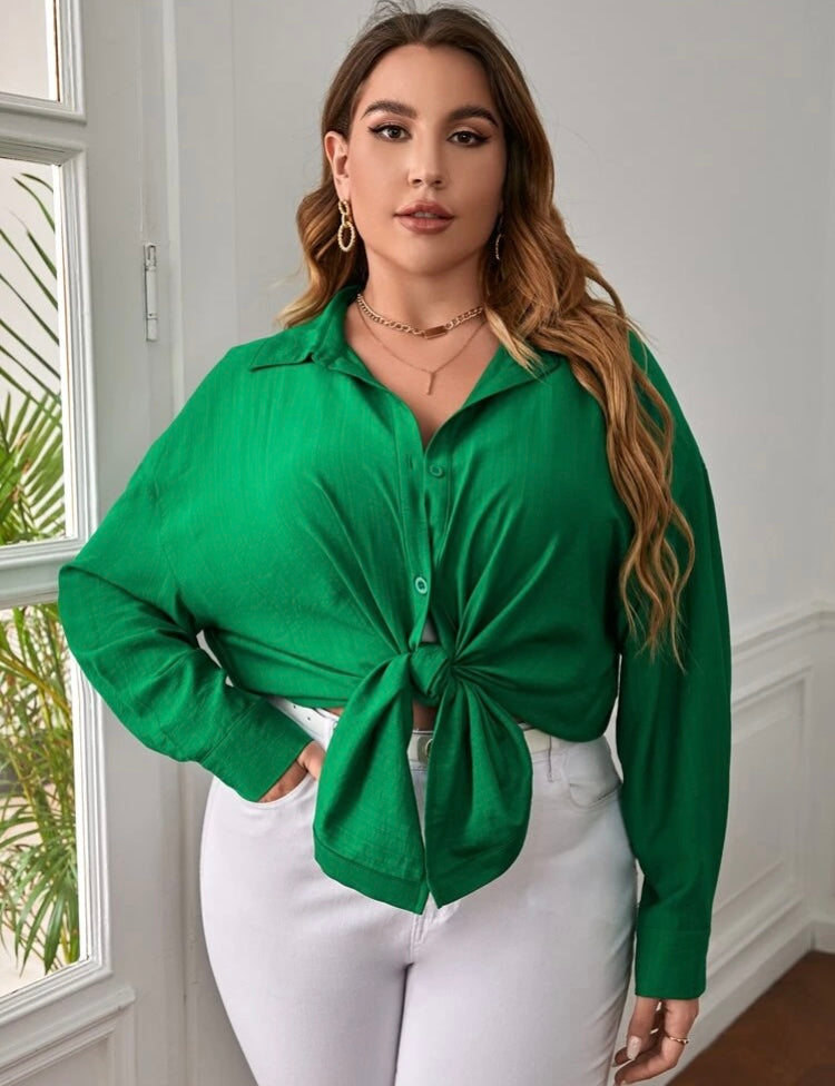 Beautiful Comfy Green Versatile Plus Long Sleeved Button Front Shirt Top Coat Dress Women’s Wear