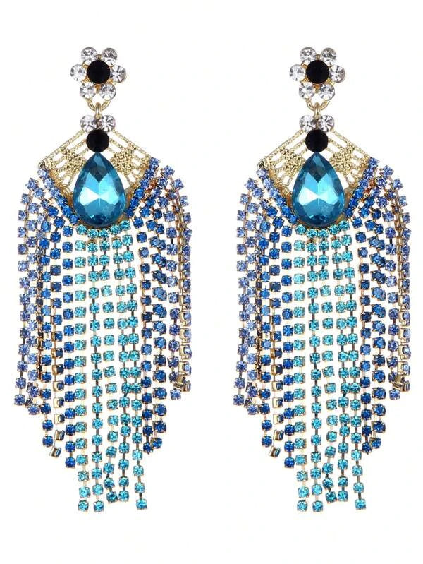 Teal Blue Glamorous Tassel & Rhinestone  Drop Earrings Trendy Jewelry