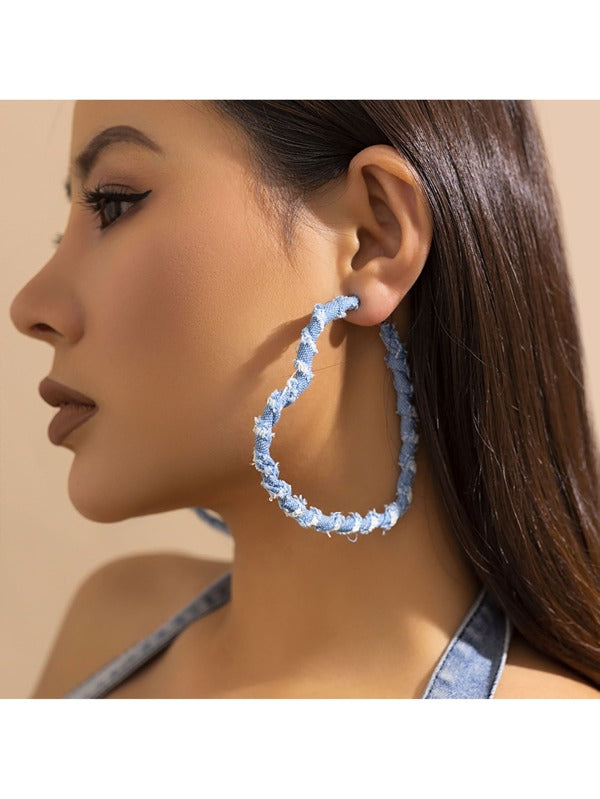 Light Blue Denim & Fashion Print Fabric Wrapped Heart Hoop Earrings for Women Accessories