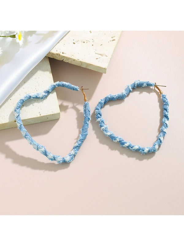 Light Blue Denim & Fashion Print Fabric Wrapped Heart Hoop Earrings for Women Accessories