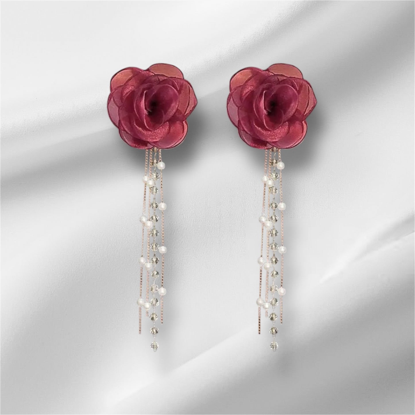 Wine Red Rose Styled Elegant Mesh Flower Dangle Earrings w Pearl Tassels
