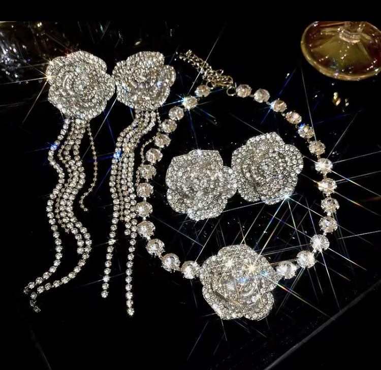 Bling Bling Flower Silver Pendant Shiny Rhinestone Crystal Long Dangling Earrings Jewelry