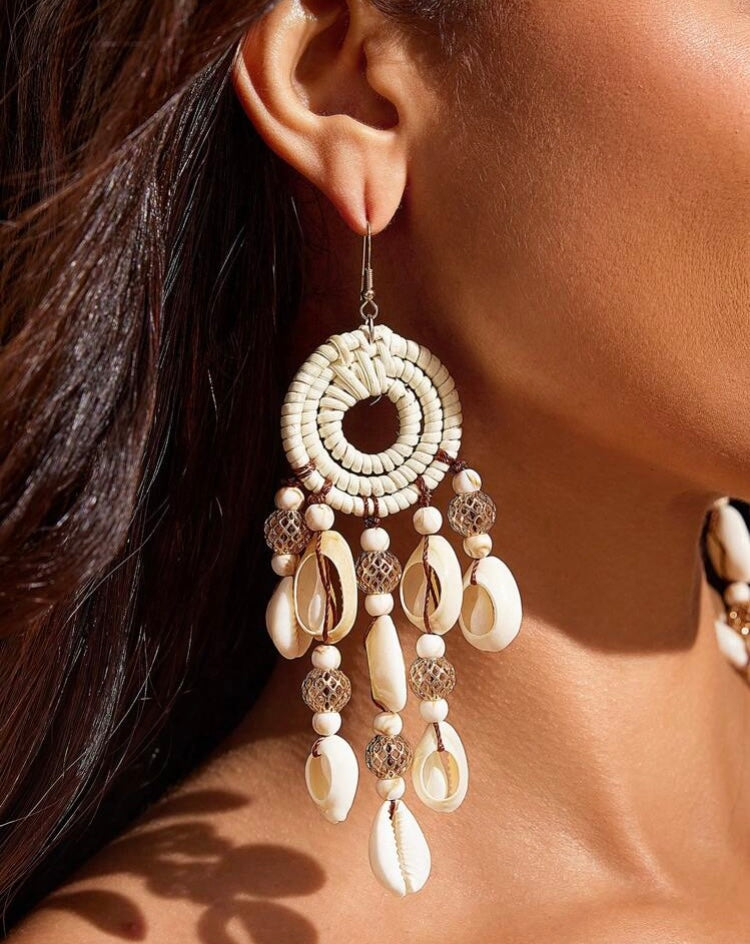 Cowrie Bohemian Vacay Island Diva Shell Beaded Vine Woven Long Dangle Earrings for Women Accessory