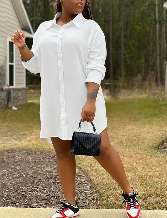 All White Solid Button Front Casual Collared Long Sleeve Shirt Dress for Women's Plus Size Clothing