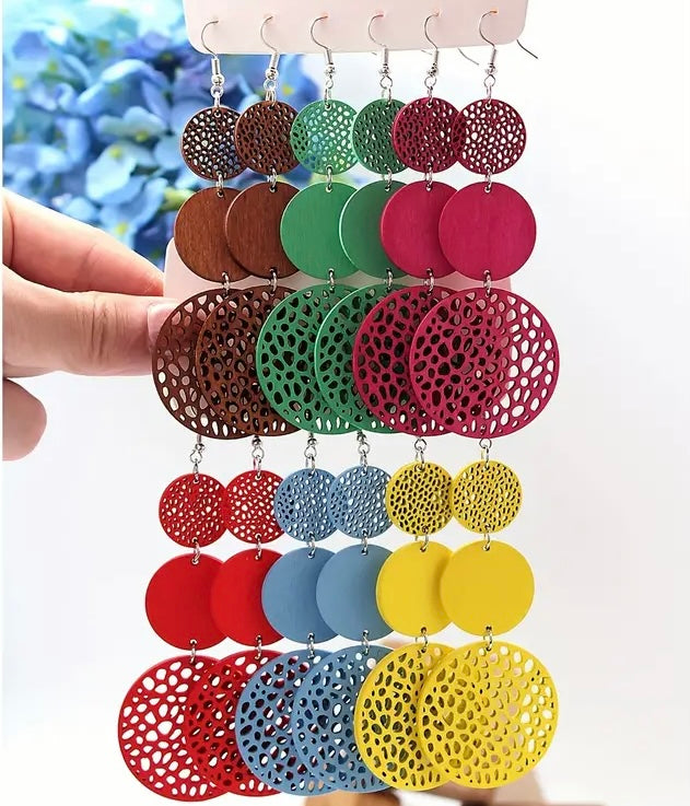 Cute Earth Tone Girl Colorful Round Shape Hollow Pattern Dangle Earrings Retro Bohemian Style Wooden Jewelry