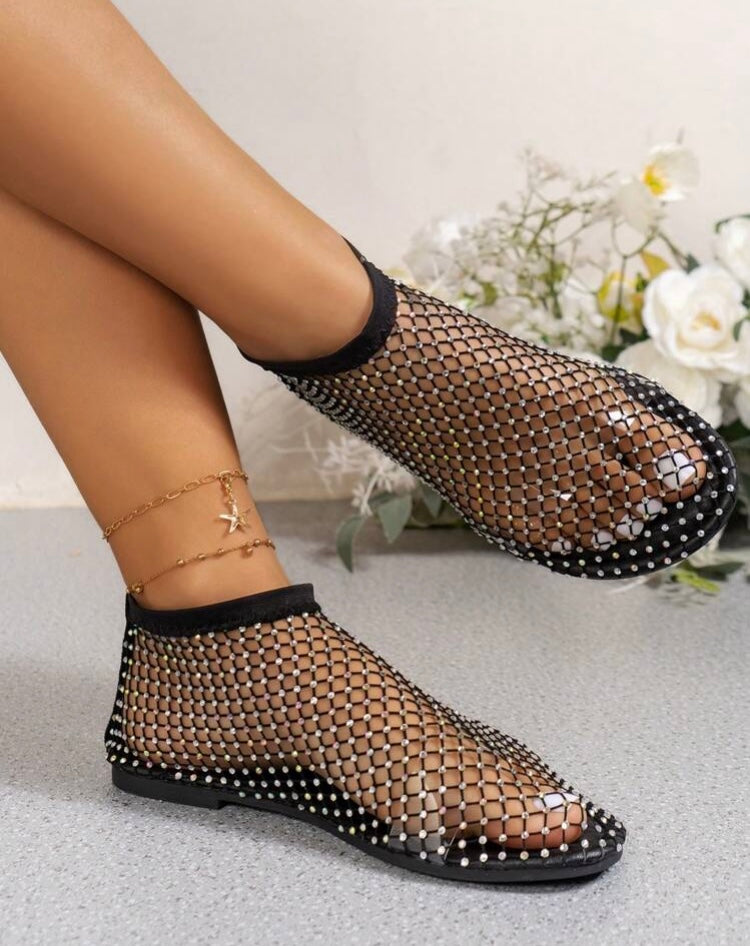 Stylish Rhinestone Mesh Flat Sandals Glamorous Slip-On Shoes Comfortable Party Flats for Women