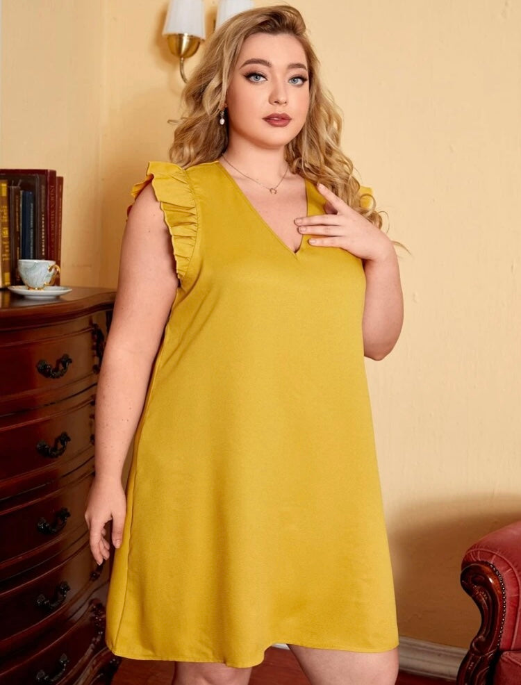 Classy Sassy Trendy Comfy Fit Plus V Neck Ruffle Trim Tunic Over Knee Dress for the Women’s Cute Curvy Girls