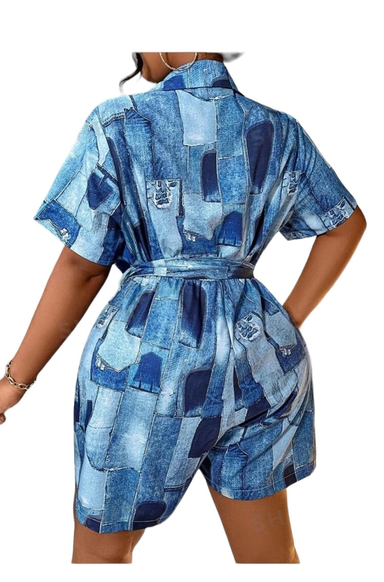 Sassy Short Blue Denim Look Romper Plus Size Women's Patchwork Jumpsuit Clothing