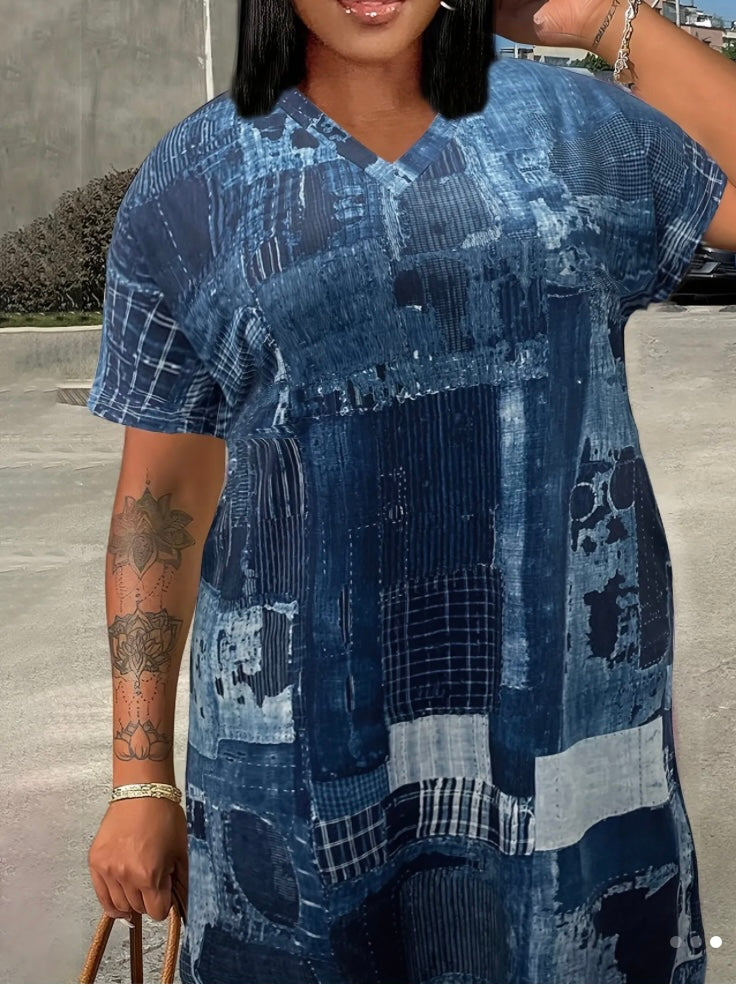 Trendy & Classy Plus Size Casual Dress Women's Patchwork Denim Print Look Short Sleeve V Neck Tee Dress w Pockets
