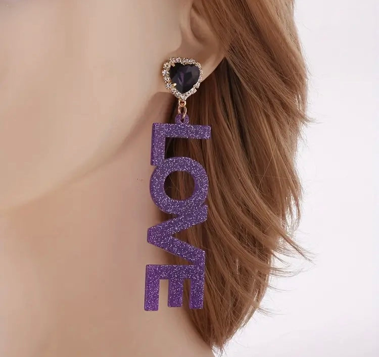 Black Glitter Chic Dangle Earrings Trendy Love Heart Design Rhinestone Resin Jewelry