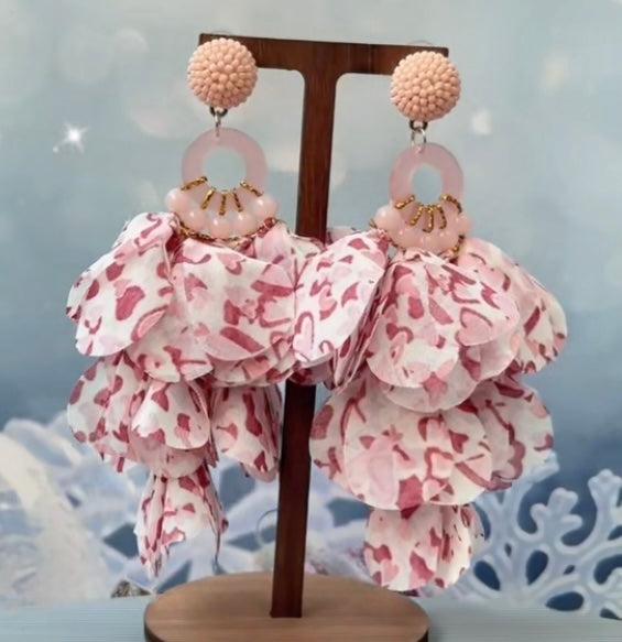 Blue Fashionable Handmade Beaded Lace Petal Shaped Pendant Earrings For Women