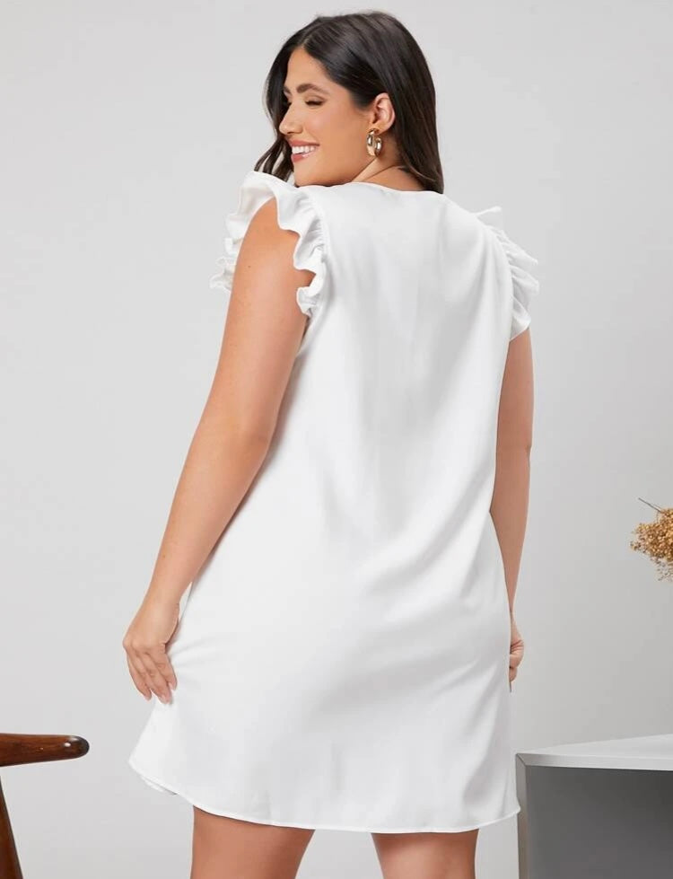 Classy Sassy Trendy Comfy Fit Plus V Neck Ruffle Trim Tunic Over Knee Dress for the Women’s Cute Curvy Girls