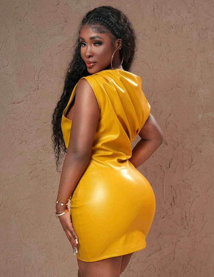 Gold Sexy Date Party Oblique Shoulder Pleated Slim Yellow Mini Skirt Dress PU Leather Women's Mini Curvy Wear