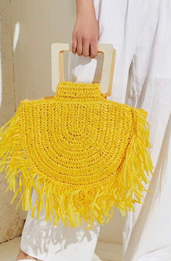 Yellow Fringe Trim Straw Tote Purse Woven Bag Perfect for Summer Vacay Beach Ocean Life Travel Accessories