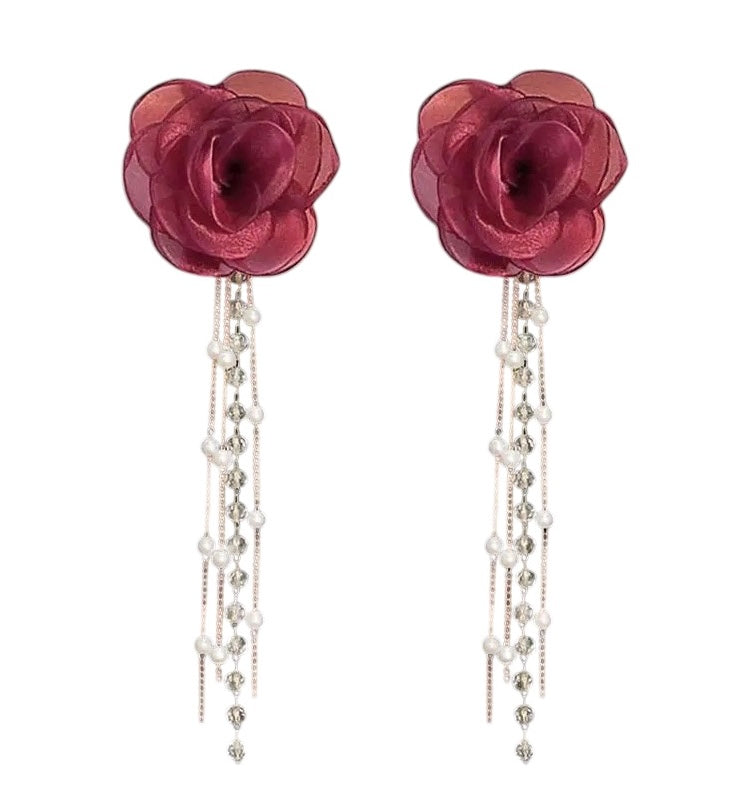 Wine Red Rose Styled Elegant Mesh Flower Dangle Earrings w Pearl Tassels