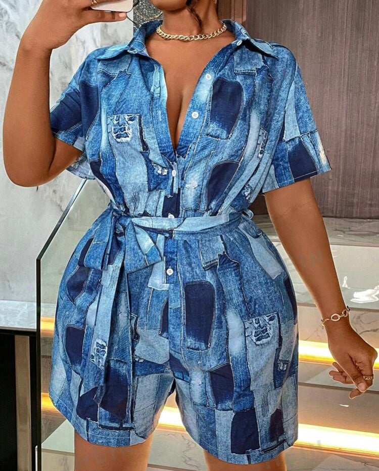 Sassy Short Blue Denim Look Romper Plus Size Women's Patchwork Jumpsuit Clothing