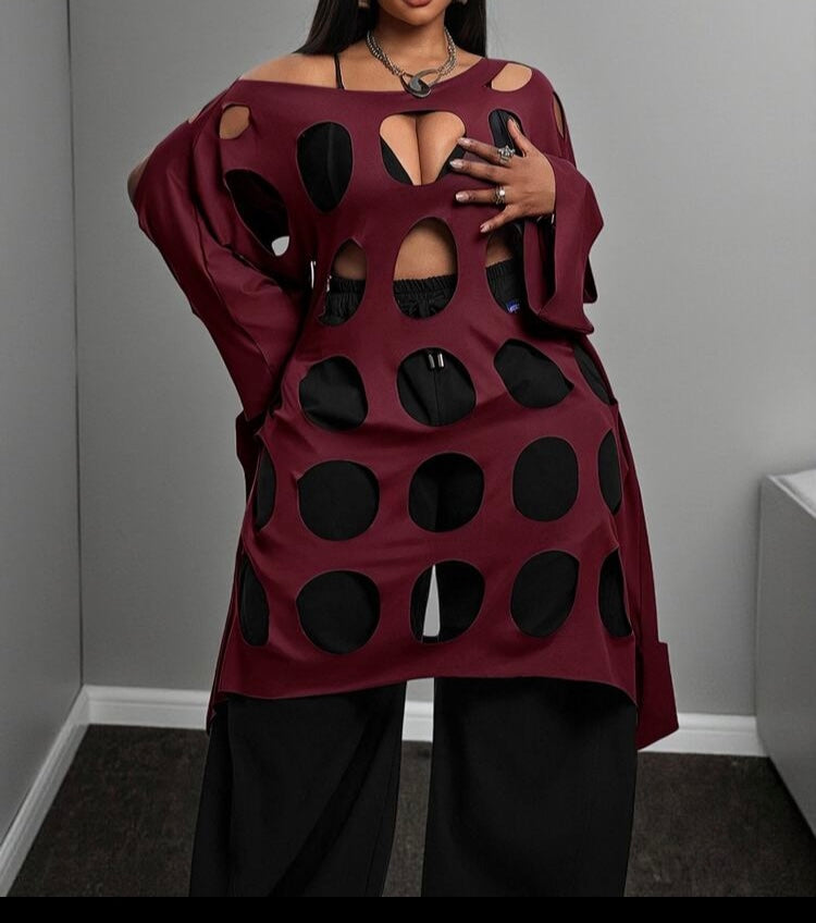 Women's Maroon Burgundy Asymmetric Shoulder Hollow Cut Out Cover-Up Mid-Length Dress Top