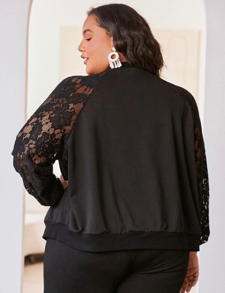 Black Lace Sleeve Bomber Zip Jacket Coat Plus Wear