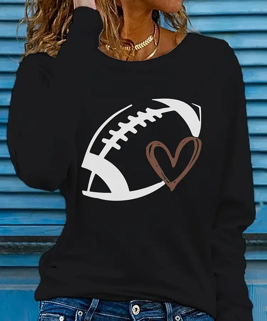 Women’s Football Heart Graphic Long Sleeve T-Shirt Casual Crew Neck for Game Day Outfits Casual Attire
