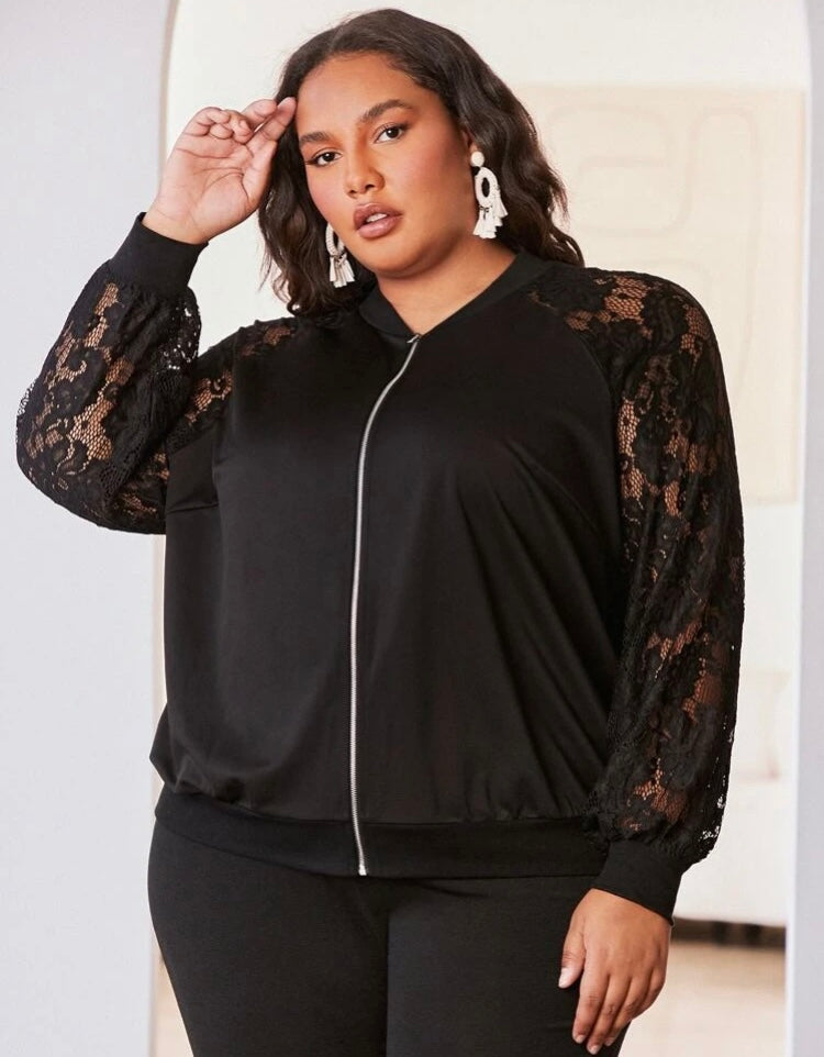 Black Lace Sleeve Bomber Zip Jacket Coat Plus Wear