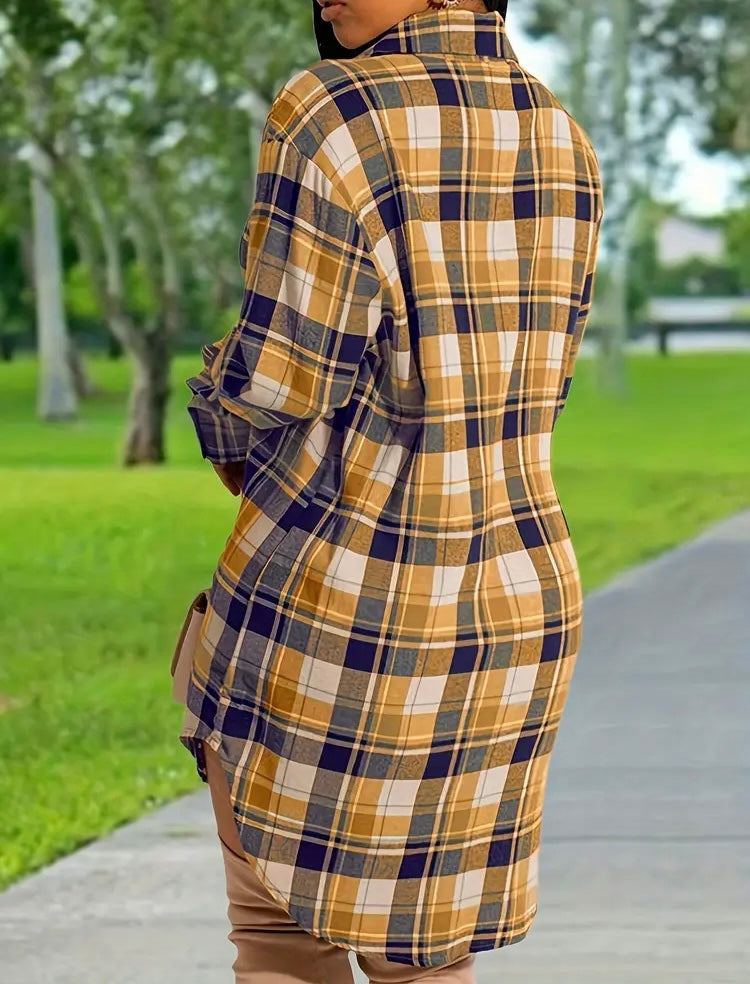 Winter Fall Designed Plus Size Tan Casual Women's Plaid Print Button Up Long Sleeve Collared Round Stretch Shirt Dress Wear