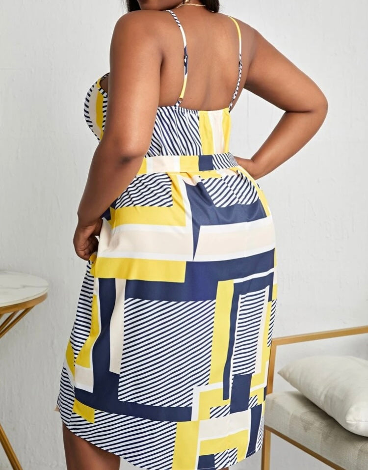 Self-Confident Plus Striped Yellow & Blue Patchwork Print Thigh Split Belted  Dress Summer Happy Wear