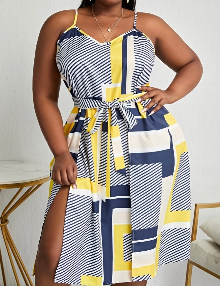 Self-Confident Plus Striped Yellow & Blue Patchwork Print Thigh Split Belted  Dress Summer Happy Wear