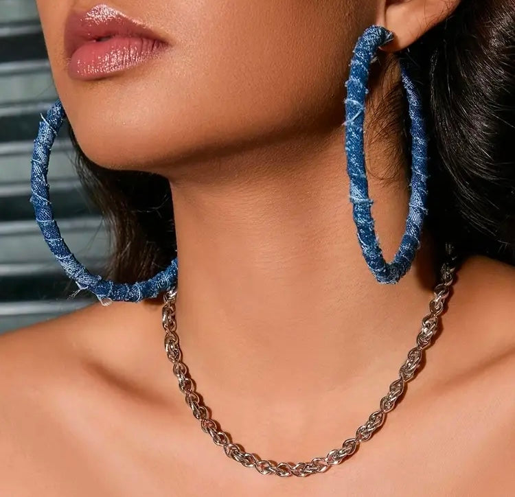 Women's Blue Jean Denim  Personality Exaggerate Large Hoop Earrings Accessories Jewelry
