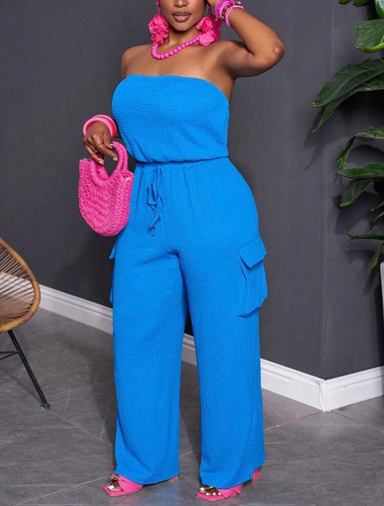 Lady in Blue Spring Summer Casual Plain Color Fitted Haltered Drawstring Waist Straight Leg Jumpsuit Knitted Fabric, Plus Size Curvy Waet