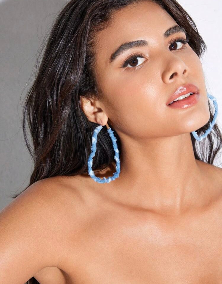 Light Blue Denim & Fashion Print Fabric Wrapped Heart Hoop Earrings for Women Accessories