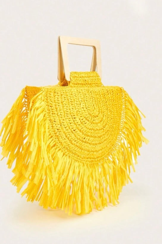 Yellow Fringe Trim Straw Tote Purse Woven Bag Perfect for Summer Vacay Beach Ocean Life Travel Accessories