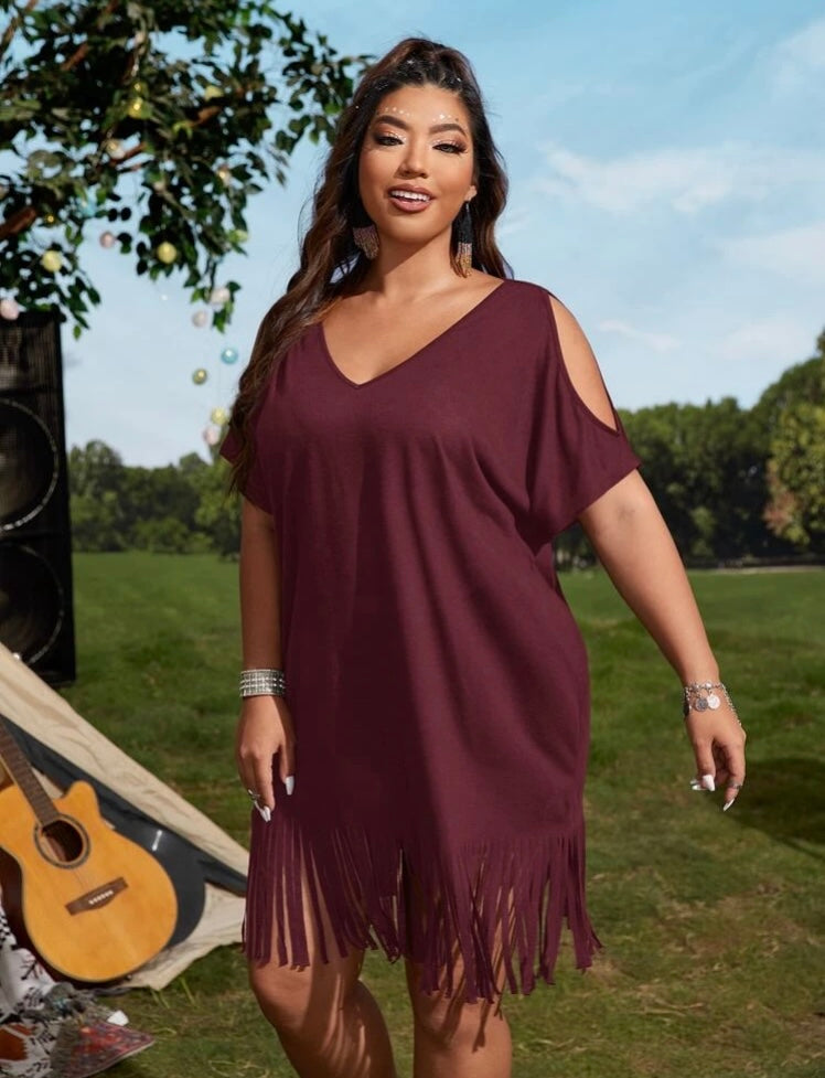 Burgundy Plus Shoulder Peek Sleeves Fringe Trim Nice Summer Breeze Dress Without Belt Women’s Wear Clothing