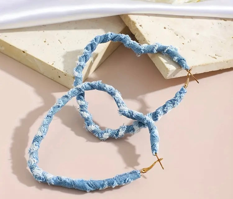 Light Blue Denim & Fashion Print Fabric Wrapped Heart Hoop Earrings for Women Accessories