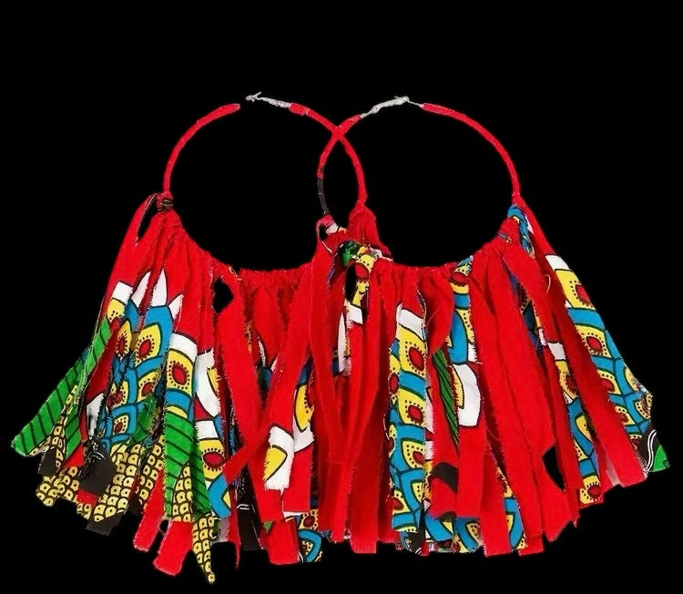 African Women’s Big Hoop Styled Fabric Cloth Feathered Multicolor Statement Fashion Earrings