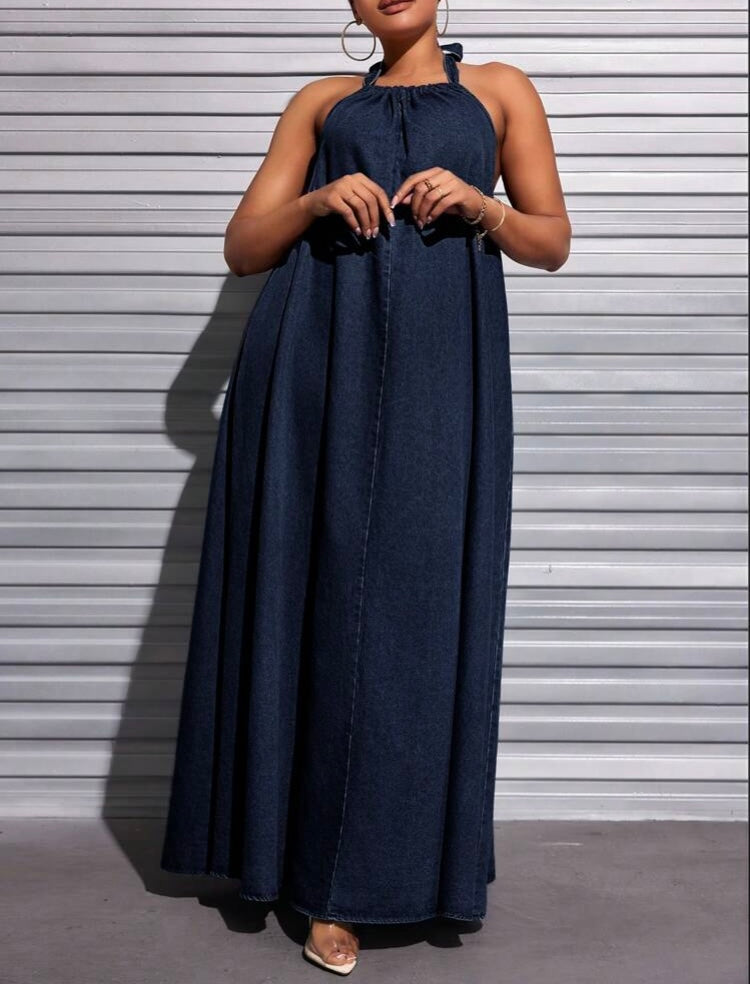 Summer Body Loading all Dark Blue Denim Season Curvy Wear Tie Backless Out Halter Neck Long Dress