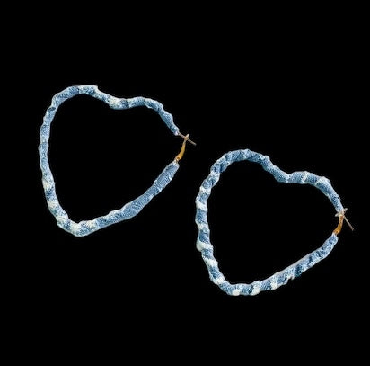 Light Blue Denim & Fashion Print Fabric Wrapped Heart Hoop Earrings for Women Accessories