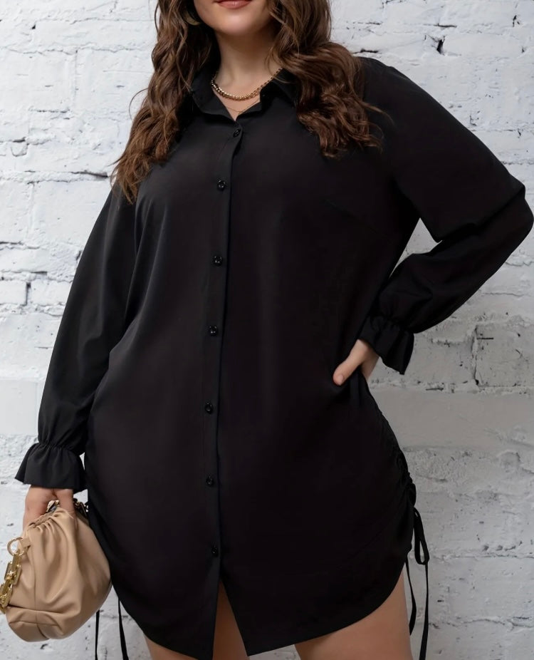Black Classy High Fashion Button Front Drawstring Sides Shirt Dress Women's Plus Size Casual Stretch Loose Fit Trendy Statement Shirt Dress