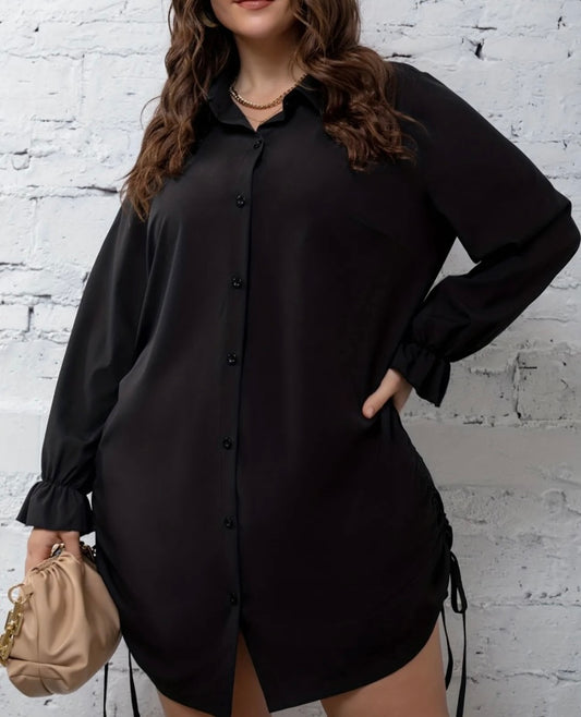 Black Classy High Fashion Button Front Drawstring Sides Shirt Dress Women's Plus Size Casual Stretch Loose Fit Trendy Statement Shirt Dress