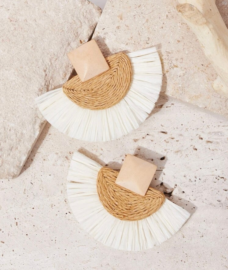 Brown Tan Beach Vibes Bohemian  Woven Tassel Drop Fashion Fan Earrings