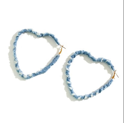 Light Blue Denim & Fashion Print Fabric Wrapped Heart Hoop Earrings for Women Accessories