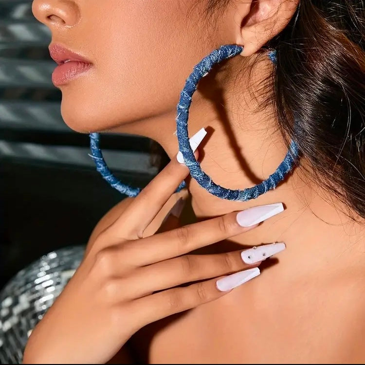 Women's Blue Jean Denim  Personality Exaggerate Large Hoop Earrings Accessories Jewelry